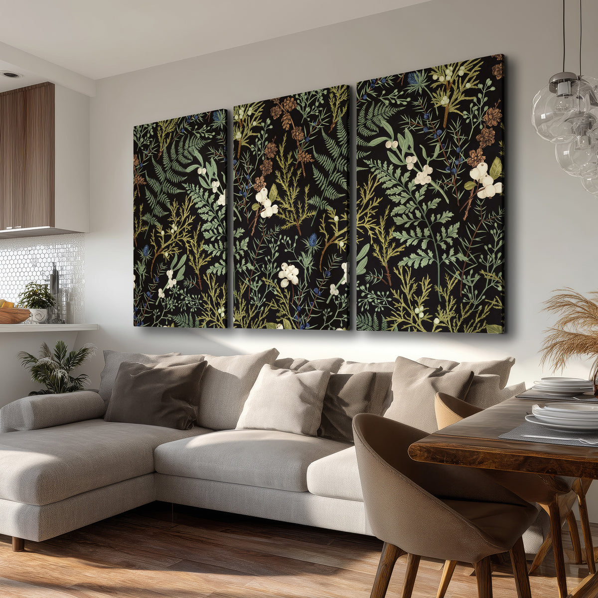 Fine green ferns and cream flowers on a black background 3 piece canvas wall art room and product view