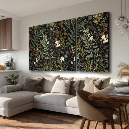 Fine green ferns and cream flowers on a black background 3 piece canvas wall art room and product view