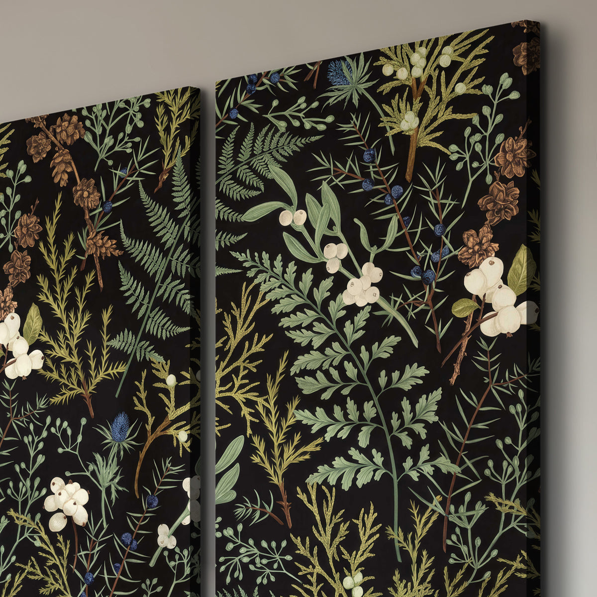 Fine green ferns and cream flowers on a black background 3 piece canvas wall art room and product view