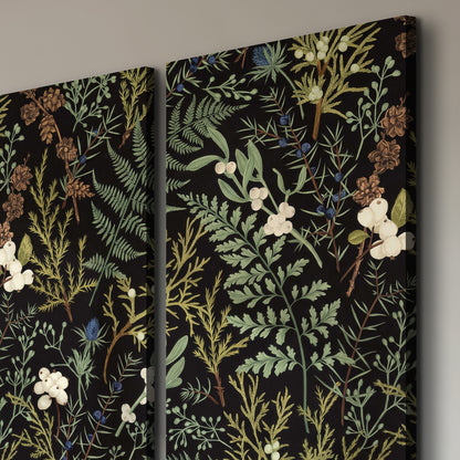 Fine green ferns and cream flowers on a black background 3 piece canvas wall art room and product view