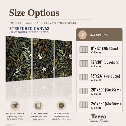 Fine green ferns and cream flowers on a black background 3 piece canvas wall art available dimensions; triptych dimensions are per panel