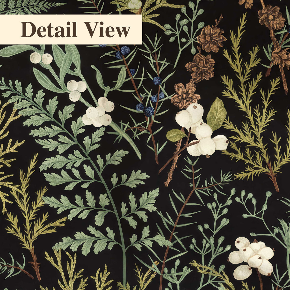 Fine green ferns and cream flowers on a black background 3 piece canvas wall art artwork detail close up