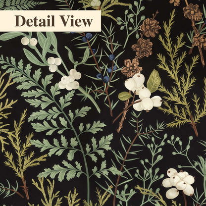 Fine green ferns and cream flowers on a black background 3 piece canvas wall art artwork detail close up