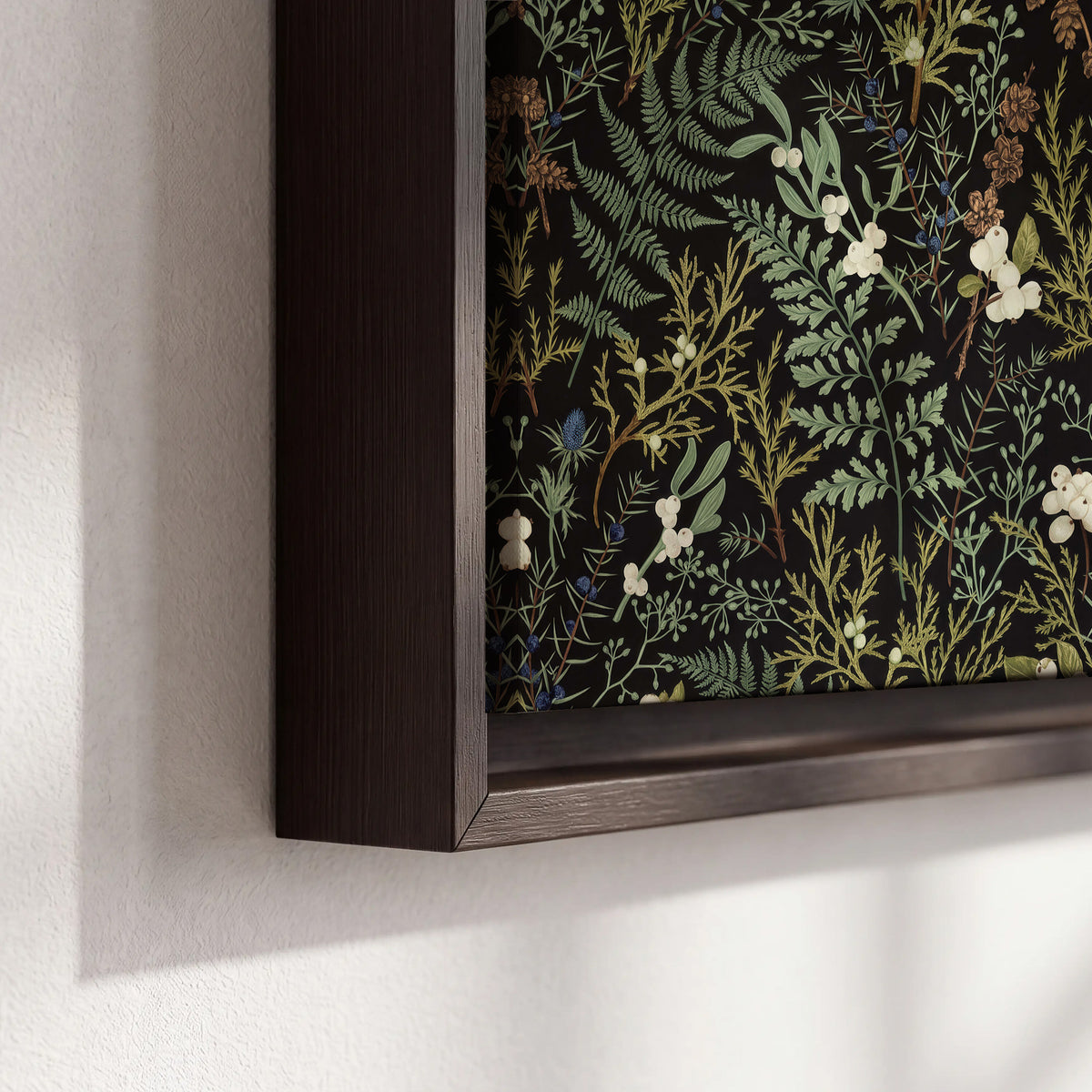 Fine green ferns and cream flowers on a black background 3 piece framed canvas wall art material and edge close up