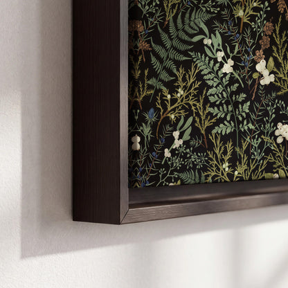 Fine green ferns and cream flowers on a black background 3 piece framed canvas wall art material and edge close up