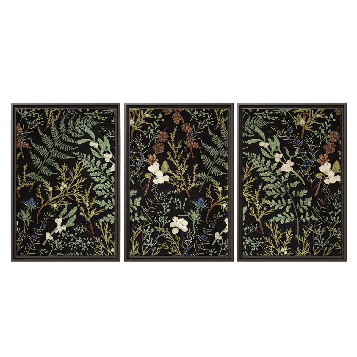 Fine green ferns and cream flowers on a black background 3 piece framed canvas wall art viewed straight on