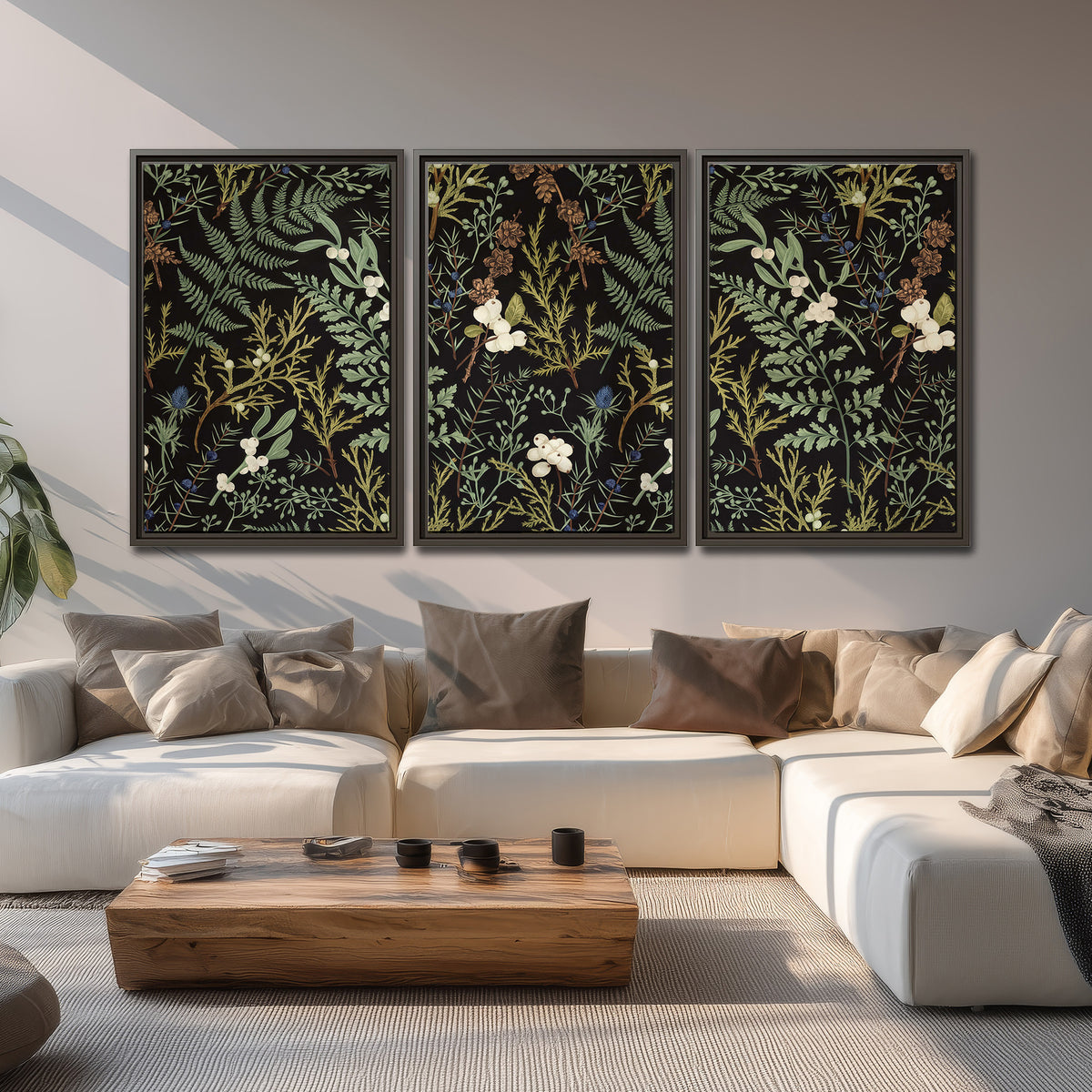 Fine green ferns and cream flowers on a black background 3 piece framed canvas wall art displayed in a living room