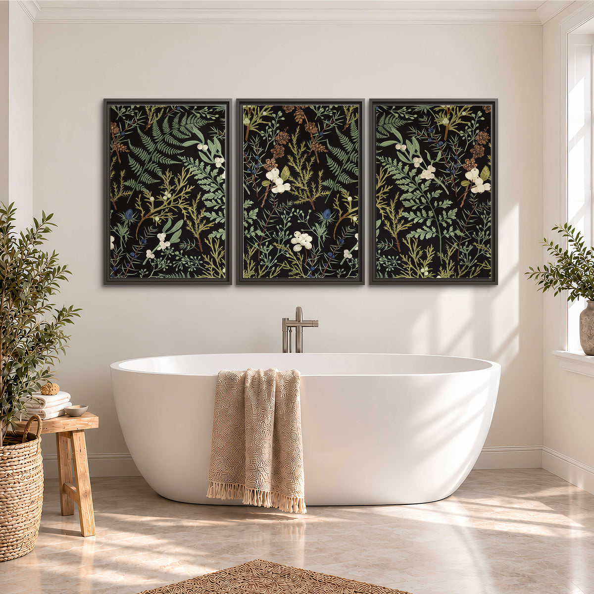 Fine green ferns and cream flowers on a black background 3 piece framed canvas wall art styled in an interior