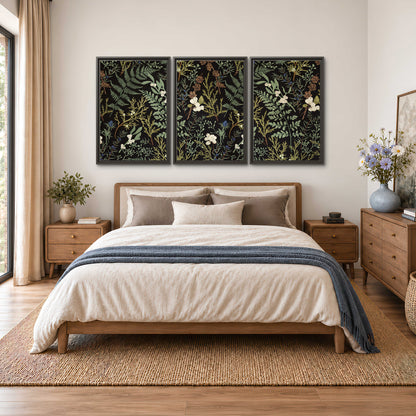 Fine green ferns and cream flowers on a black background 3 piece framed canvas wall art styled in an interior