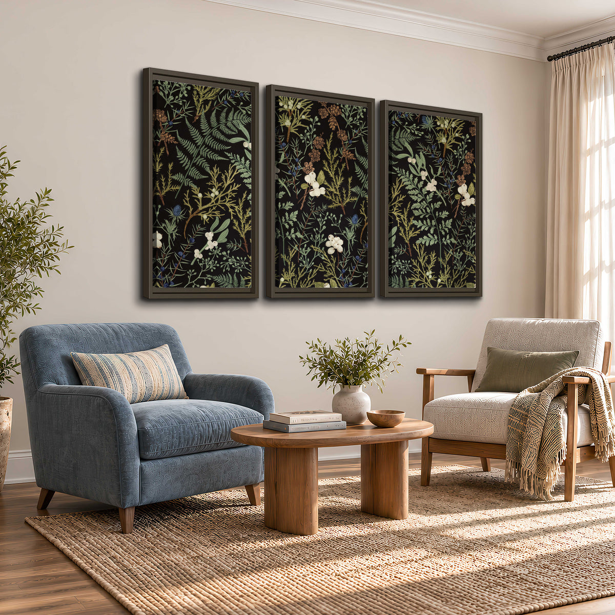 Fine green ferns and cream flowers on a black background 3 piece framed canvas wall art styled in an interior