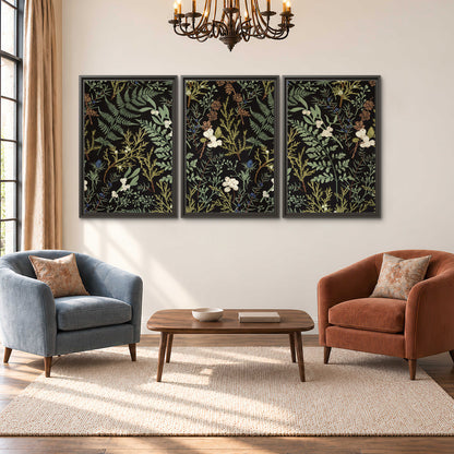 Fine green ferns and cream flowers on a black background 3 piece framed canvas wall art styled in an interior