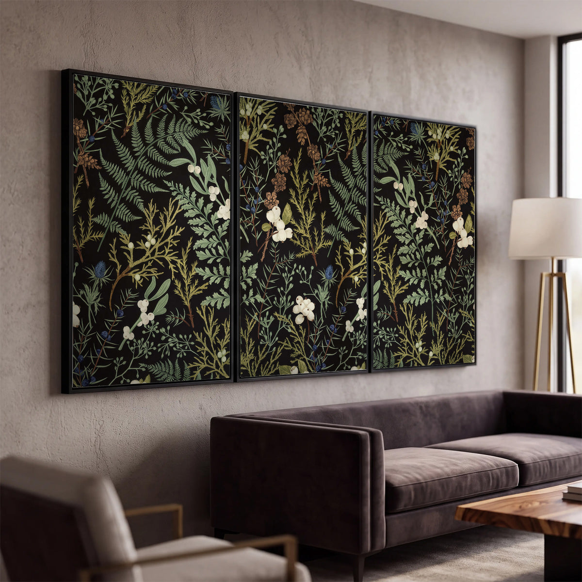 Fine green ferns and cream flowers on a black background 3 piece framed canvas wall art displayed in a modern living room