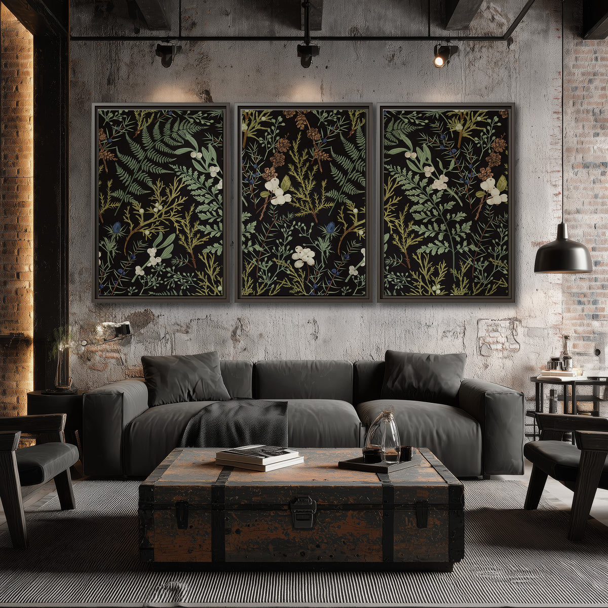 Fine green ferns and cream flowers on a black background 3 piece framed canvas wall art displayed in a industrial room