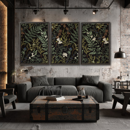 Fine green ferns and cream flowers on a black background 3 piece framed canvas wall art displayed in a industrial room
