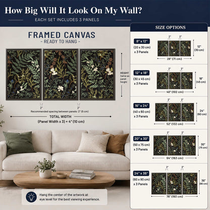 Fine green ferns and cream flowers on a black background 3 piece framed canvas wall art size guide above a sofa; room view is illustrative