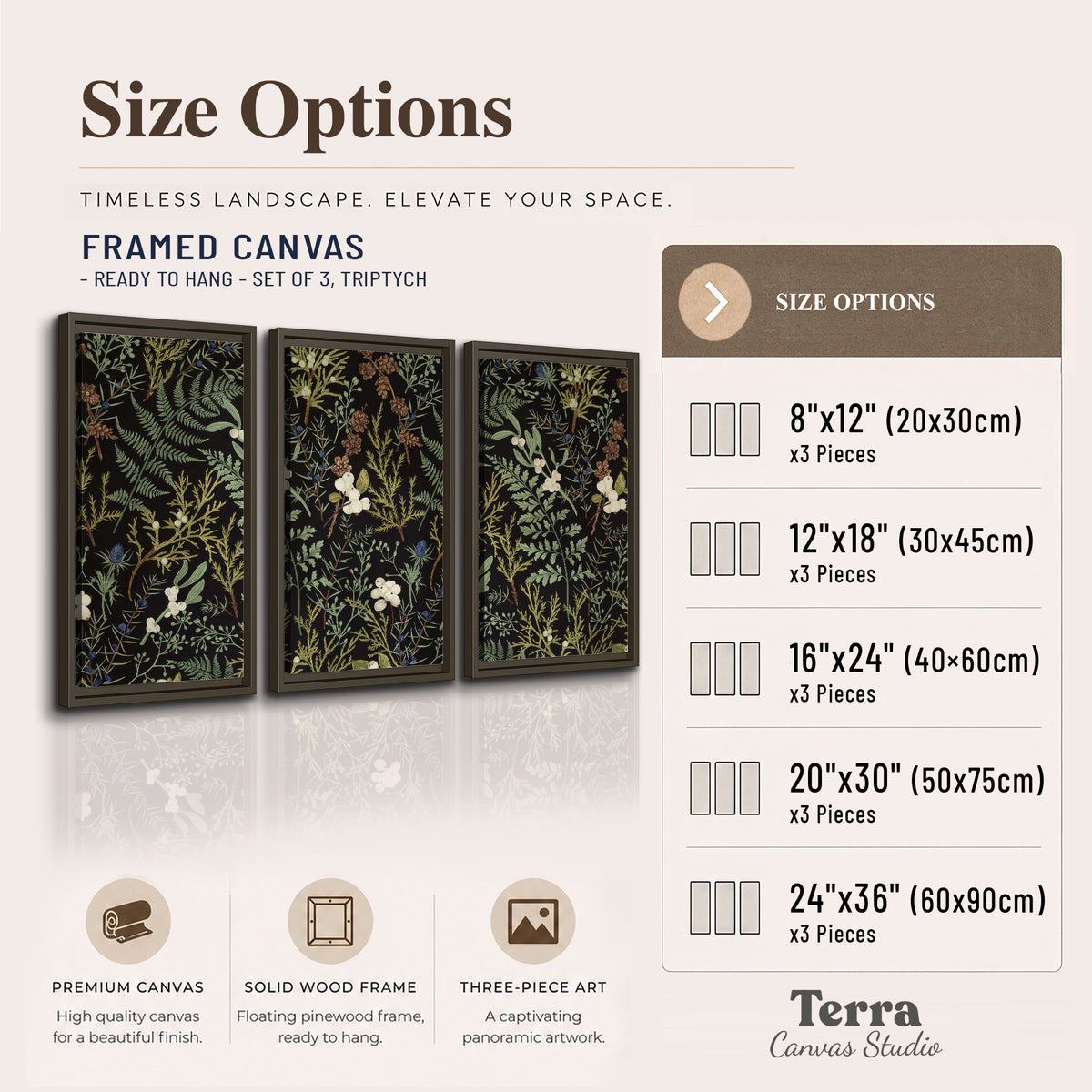 Fine green ferns and cream flowers on a black background 3 piece framed canvas wall art available dimensions; triptych dimensions are per panel