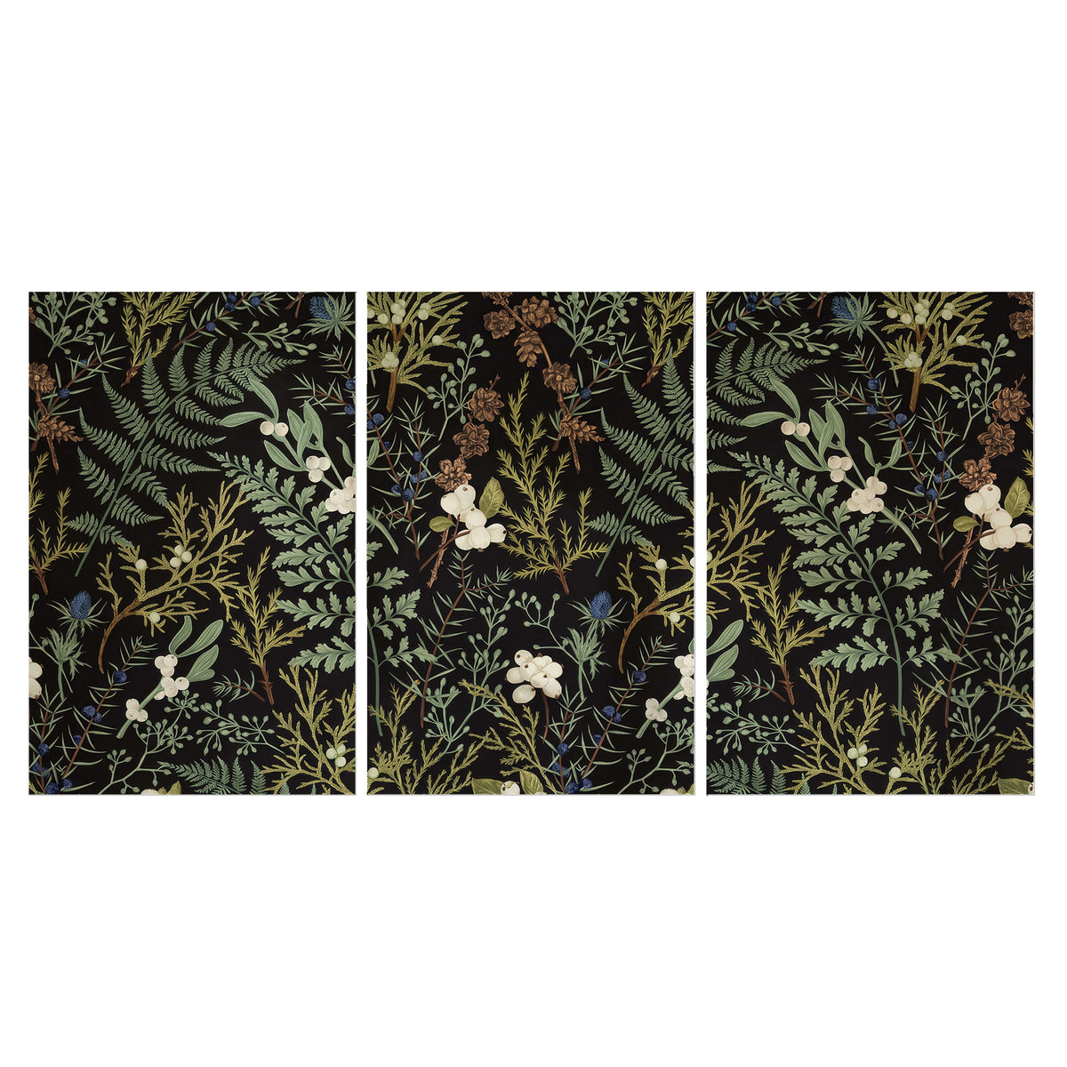 Fine green ferns and cream flowers on a black background set of 3 poster prints viewed straight on