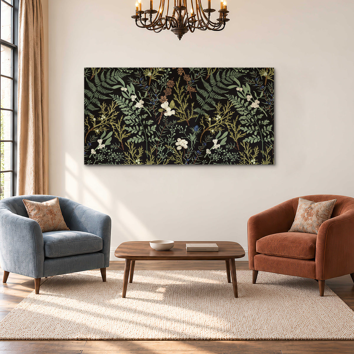 Fine green ferns and cream flowers on a black background single canvas wall art styled in an interior