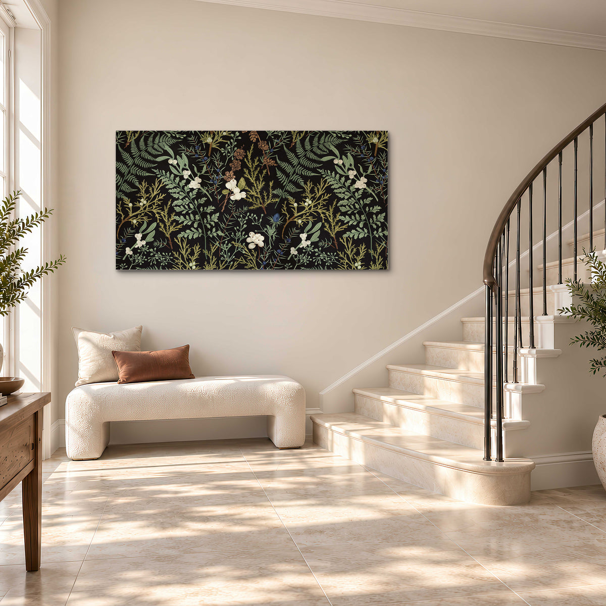Fine green ferns and cream flowers on a black background single canvas wall art styled in an interior