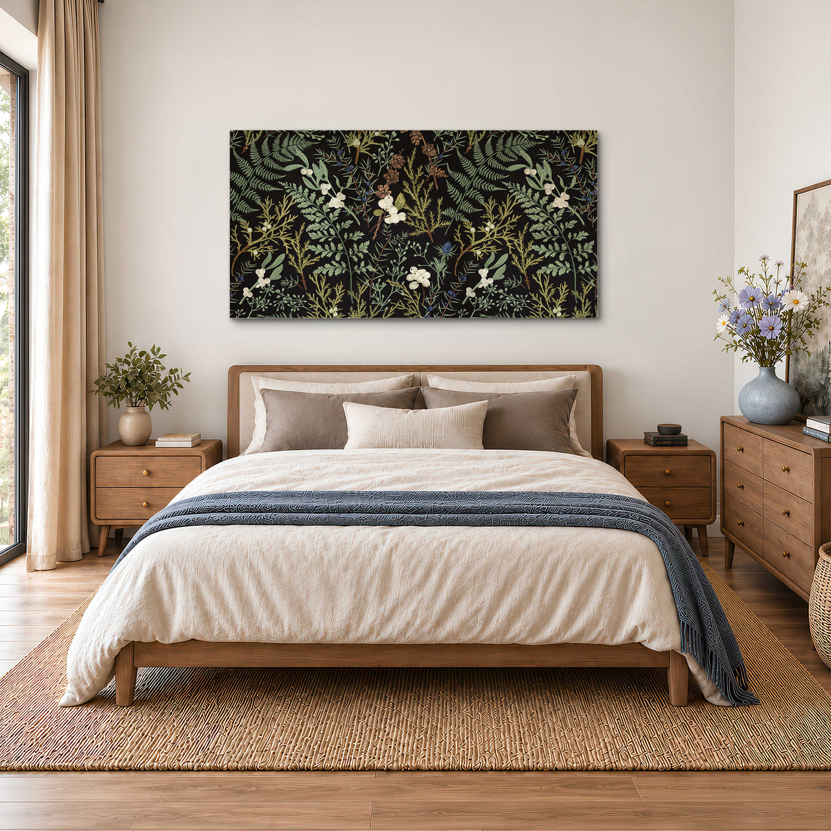 Fine green ferns and cream flowers on a black background single canvas wall art styled in an interior