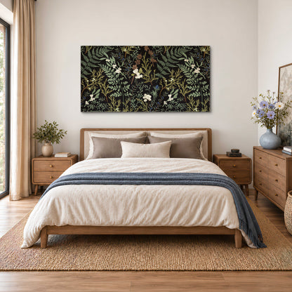 Fine green ferns and cream flowers on a black background single canvas wall art styled in an interior
