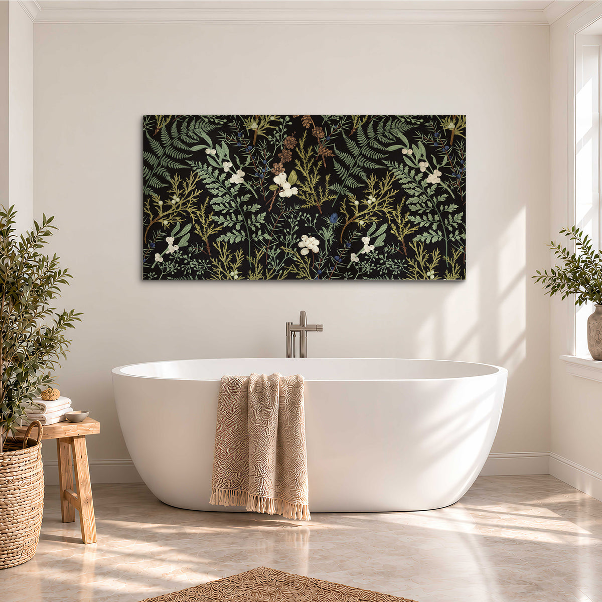 Fine green ferns and cream flowers on a black background single canvas wall art styled in an interior