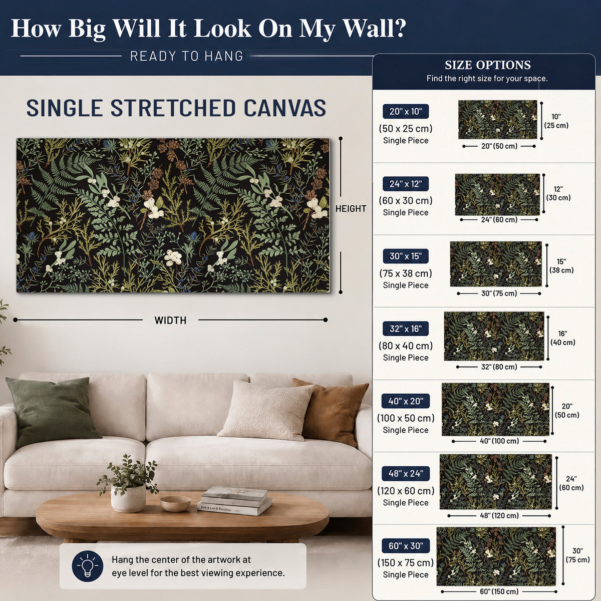 Fine green ferns and cream flowers on a black background single canvas wall art size guide above a sofa; room view is illustrative