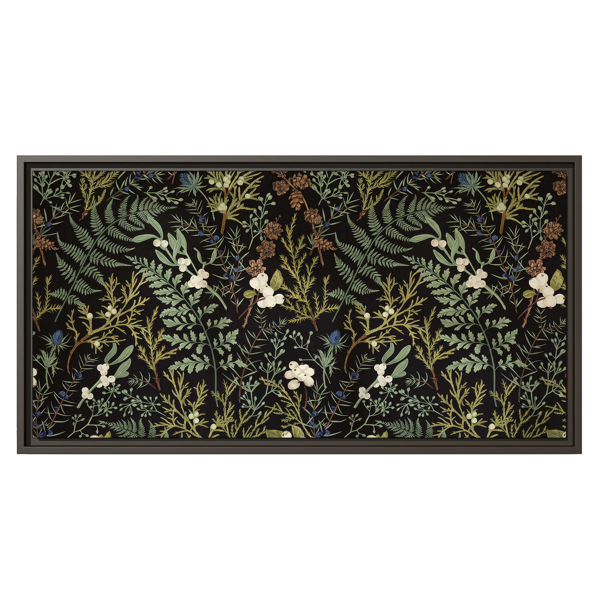 Fine green ferns and cream flowers on a black background single framed canvas wall art viewed straight on