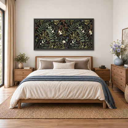 Fine green ferns and cream flowers on a black background single framed canvas wall art styled in an interior