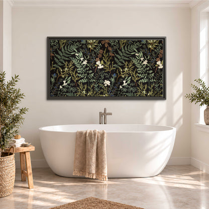 Fine green ferns and cream flowers on a black background single framed canvas wall art styled in an interior