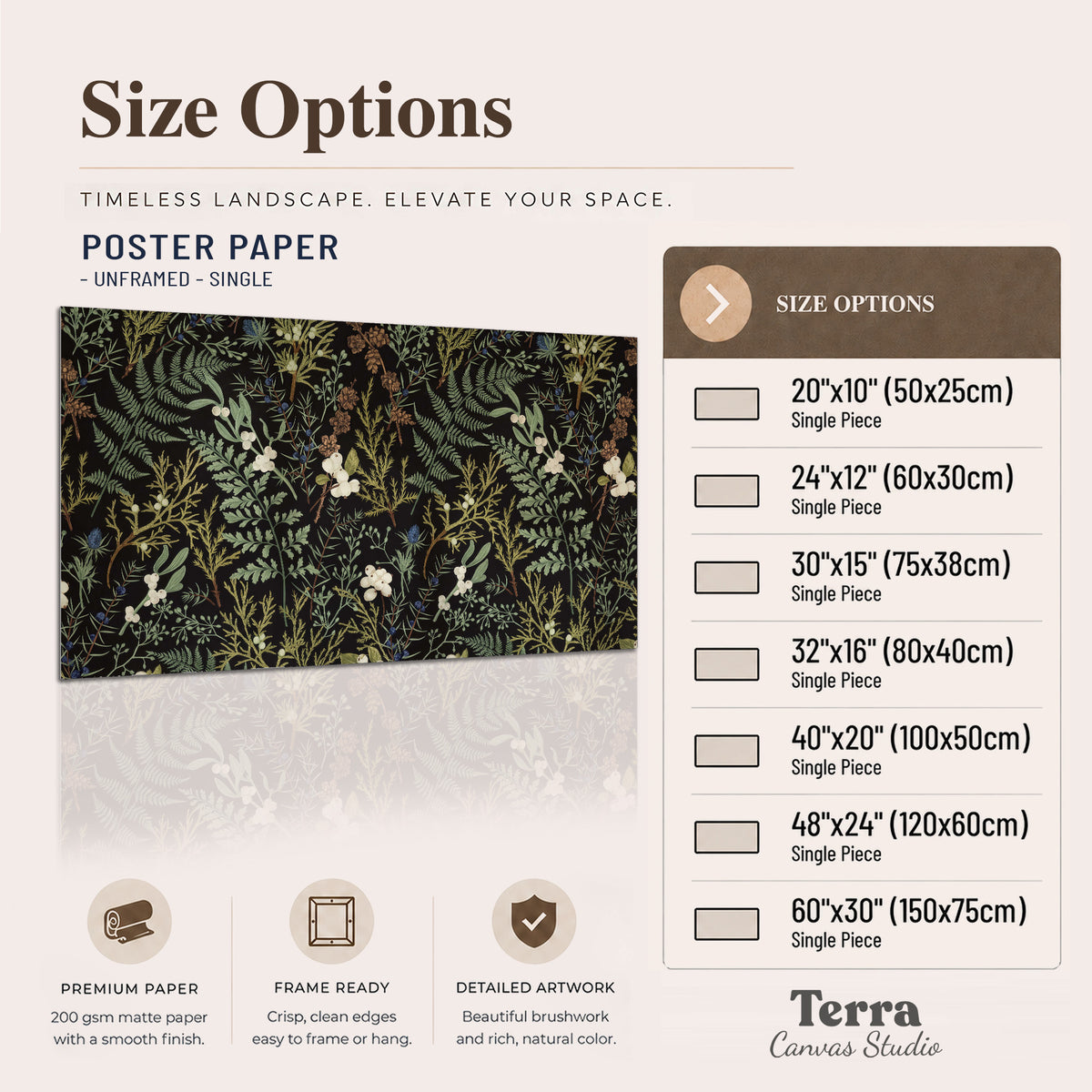 Fine green ferns and cream flowers on a black background single poster print available dimensions
