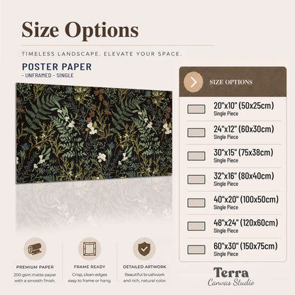 Fine green ferns and cream flowers on a black background single poster print available dimensions