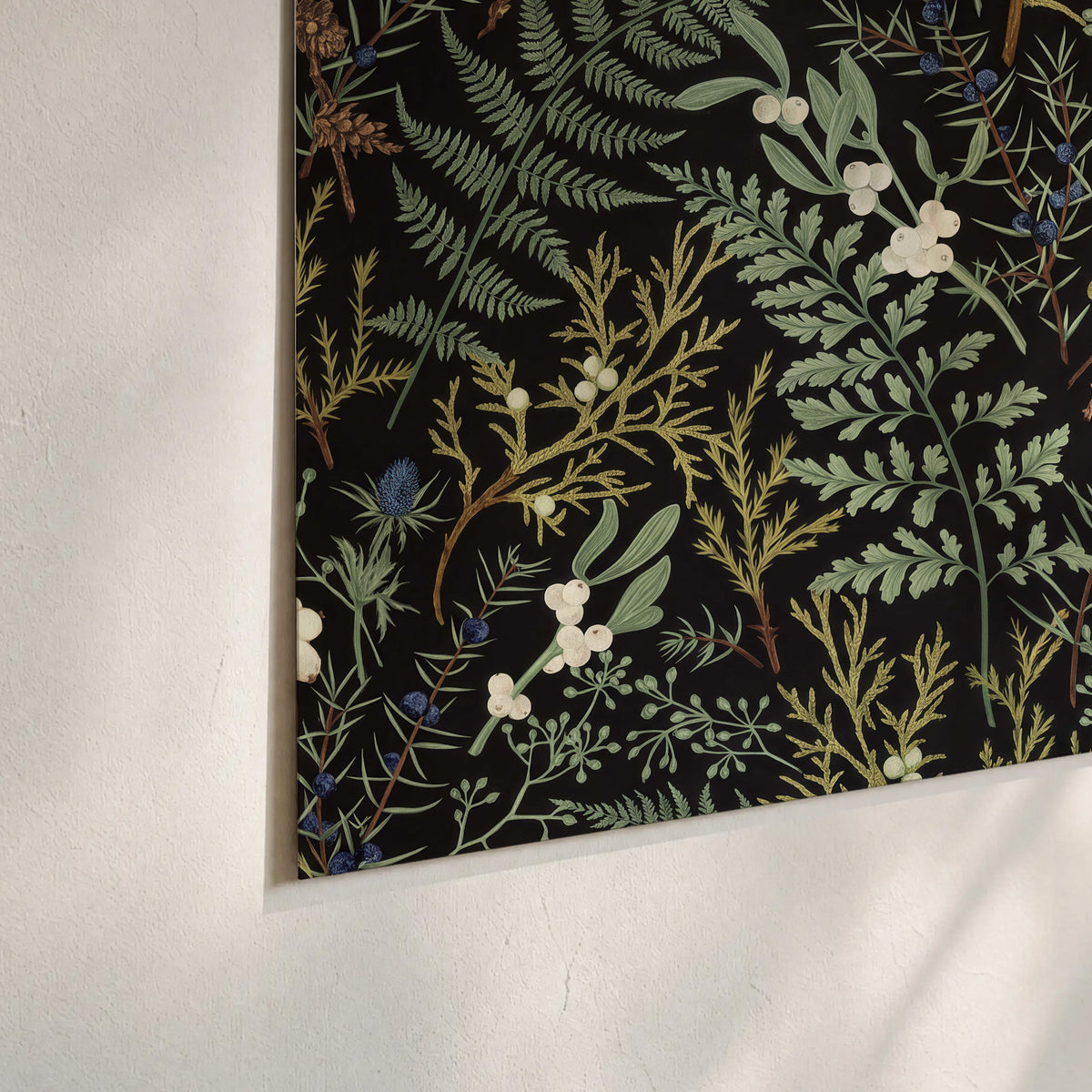 Fine green ferns and cream flowers on a black background set of 3 poster prints material and edge close up