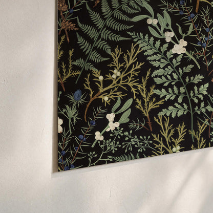 Fine green ferns and cream flowers on a black background set of 3 poster prints material and edge close up