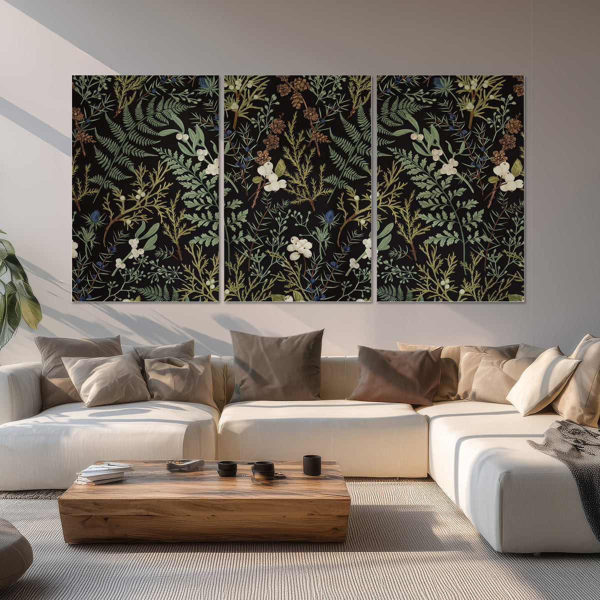 Fine green ferns and cream flowers on a black background set of 3 poster prints displayed in a living room