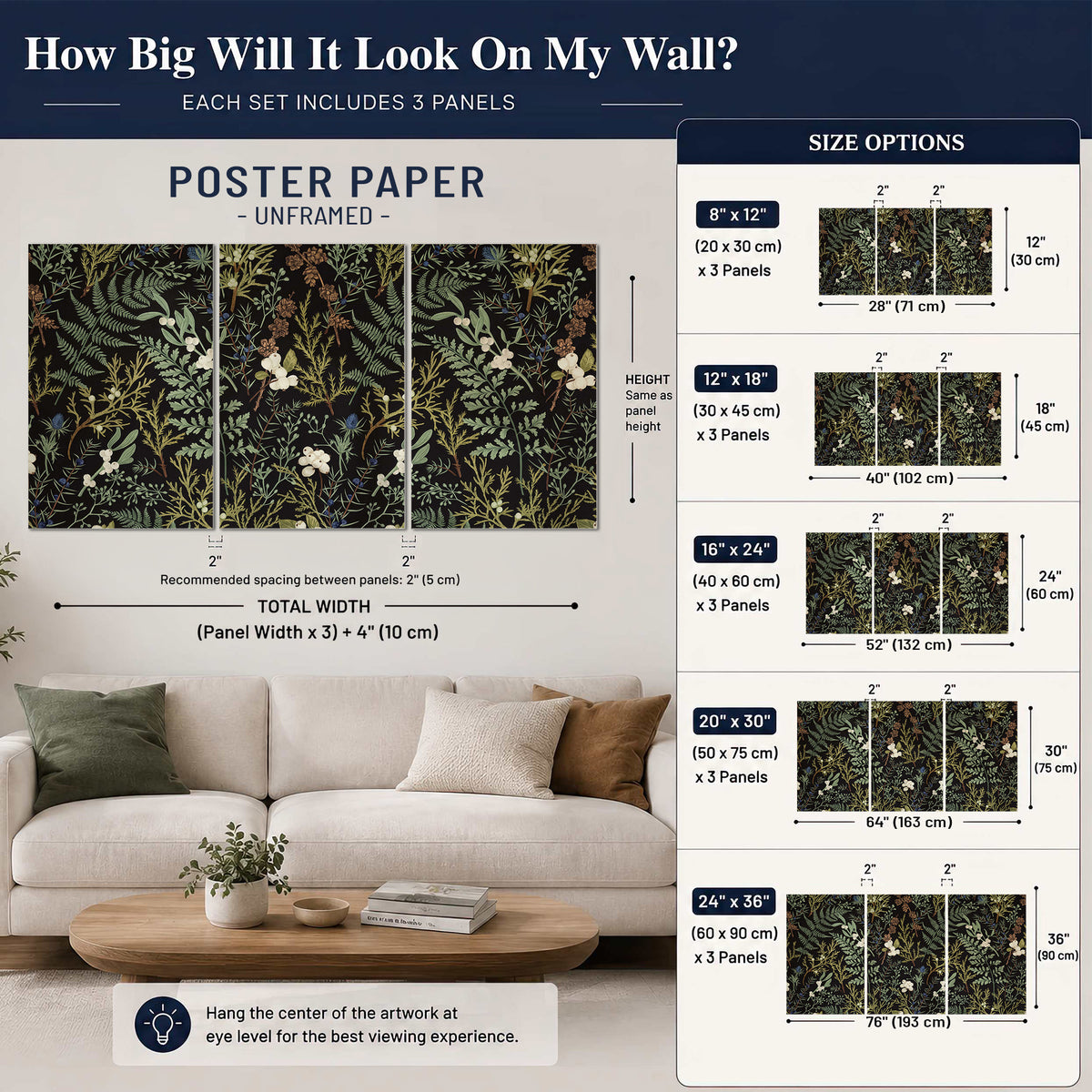 Fine green ferns and cream flowers on a black background set of 3 poster prints size guide above a sofa; room view is illustrative