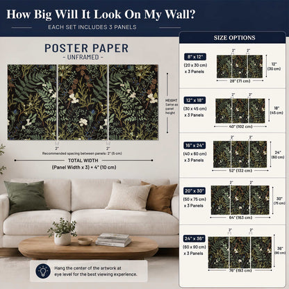 Fine green ferns and cream flowers on a black background set of 3 poster prints size guide above a sofa; room view is illustrative