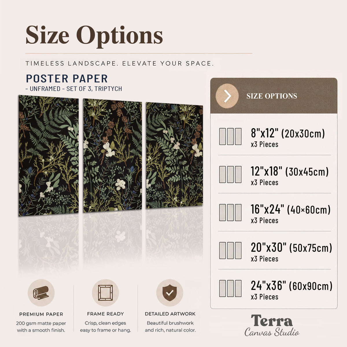 Fine green ferns and cream flowers on a black background set of 3 poster prints available dimensions; triptych dimensions are per panel