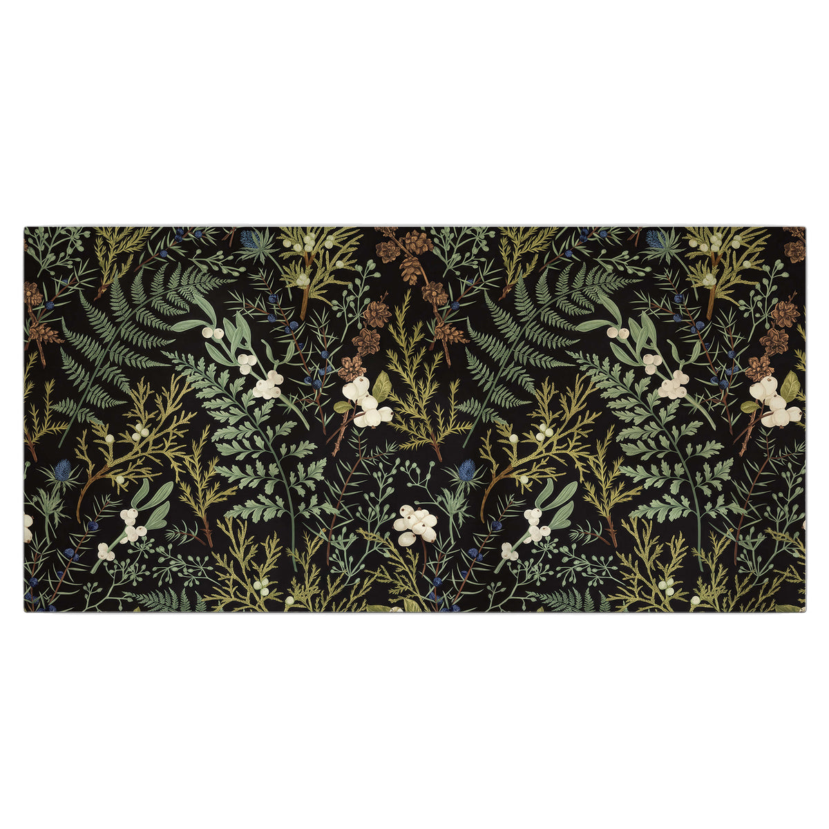 Fine green ferns and cream flowers on a black background single canvas wall art viewed straight on