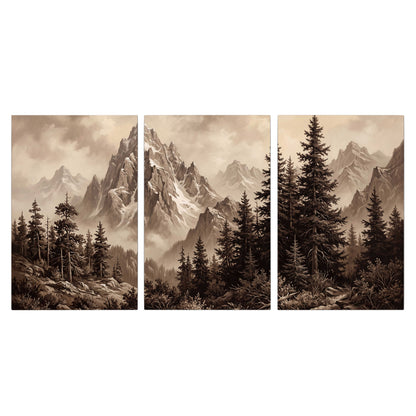 Dramatic mountain peaks framed by evergreen trees 3 piece canvas wall art viewed straight on