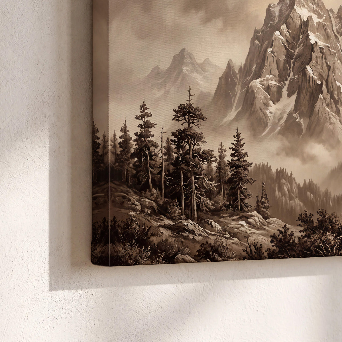 Dramatic mountain peaks framed by evergreen trees 3 piece canvas wall art material and edge close up