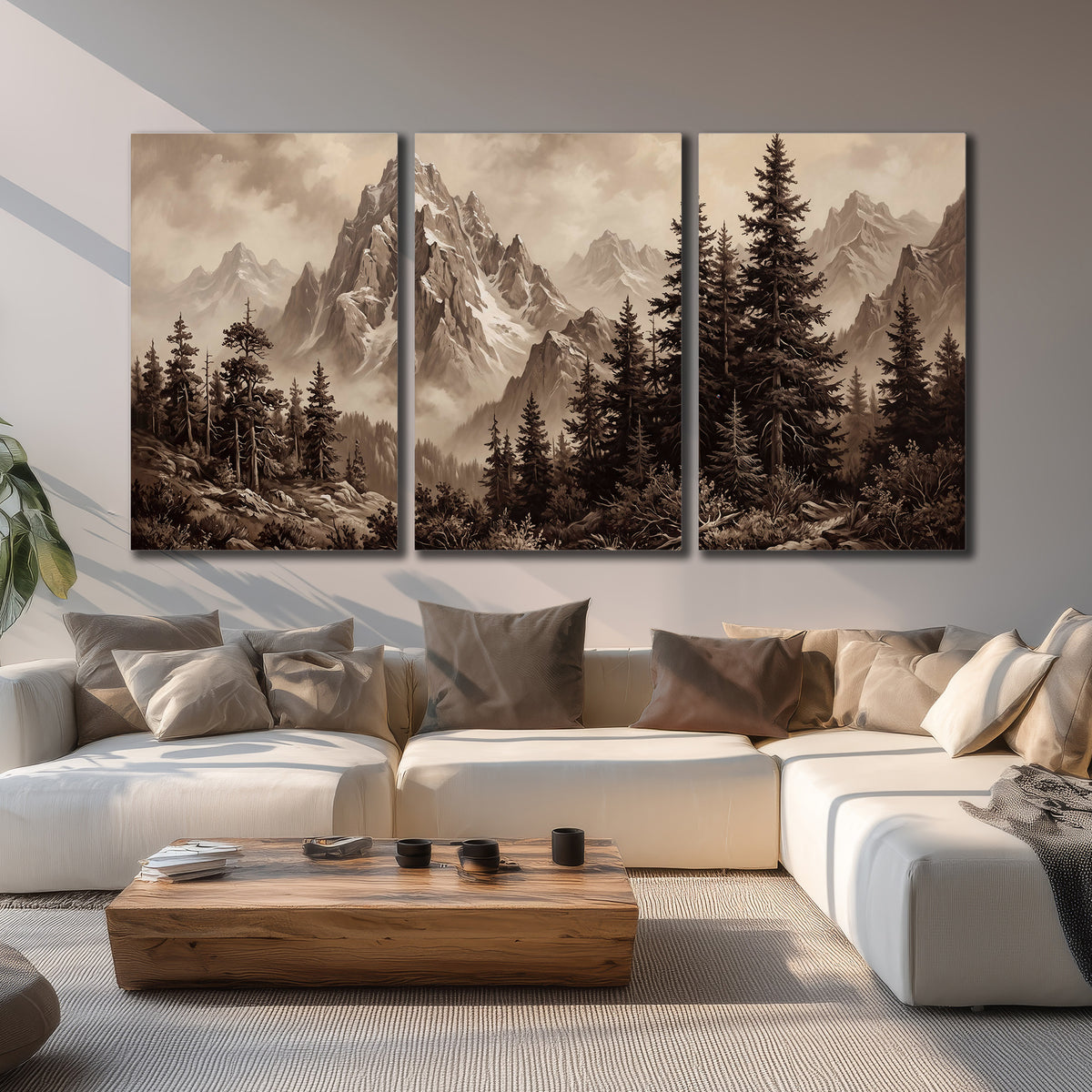 Dramatic mountain peaks framed by evergreen trees 3 piece canvas wall art displayed in a living room