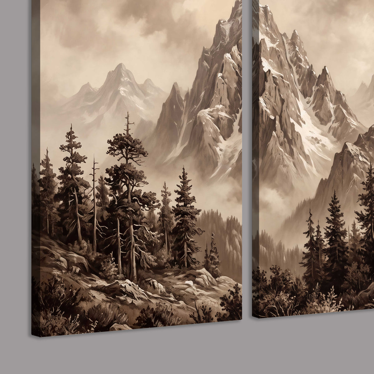 Dramatic mountain peaks framed by evergreen trees 3 piece canvas wall art room and product view
