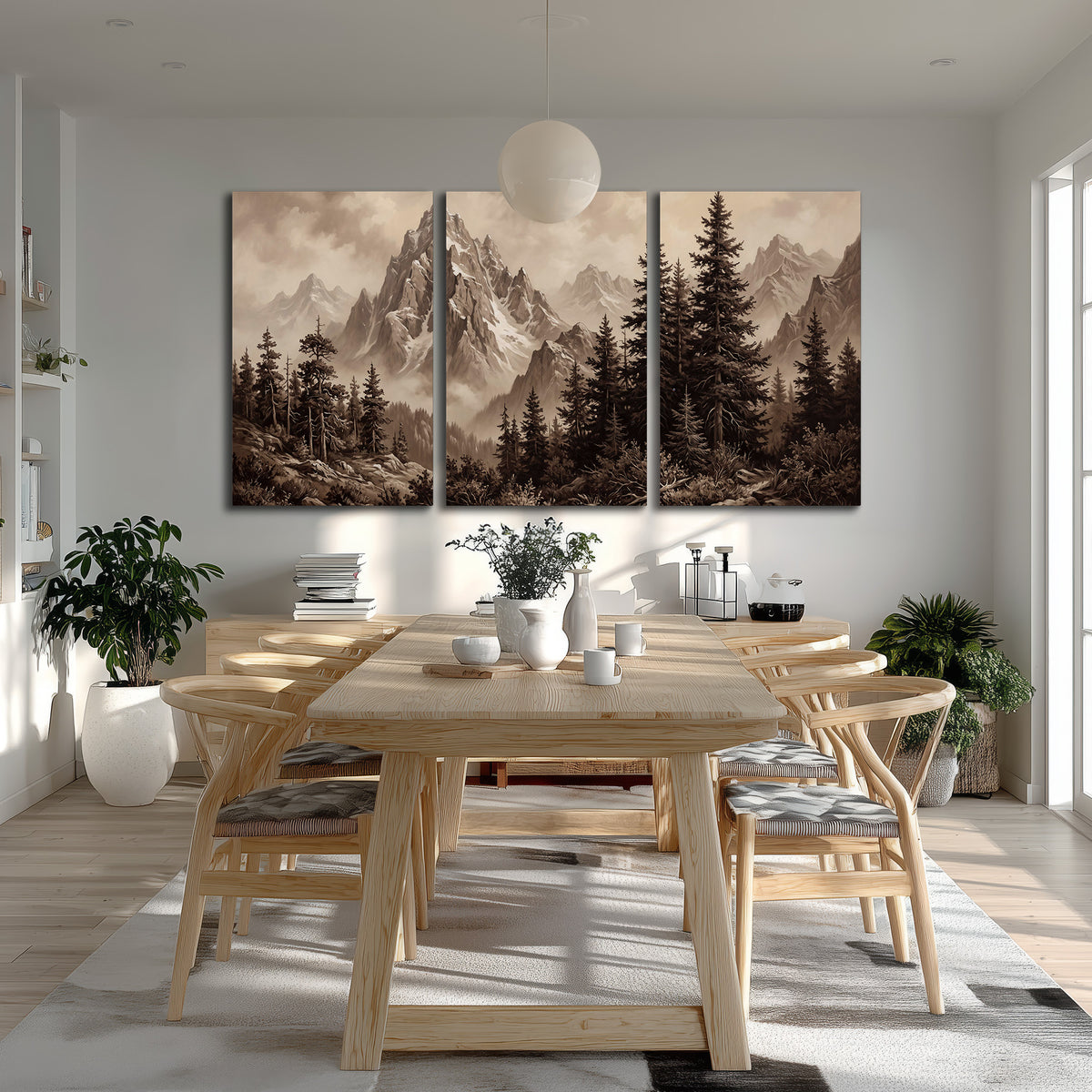 Dramatic mountain peaks framed by evergreen trees 3 piece canvas wall art room and product view