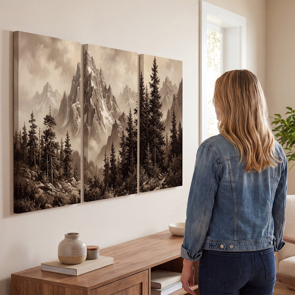 Dramatic mountain peaks framed by evergreen trees 3 piece canvas wall art three panel arrangement on a wall