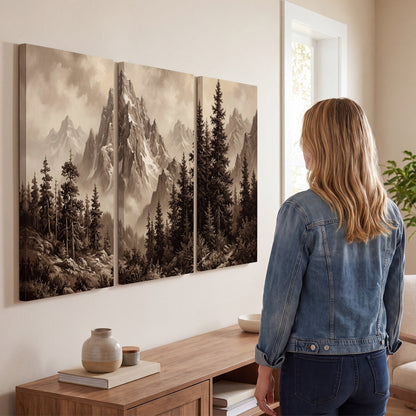 Dramatic mountain peaks framed by evergreen trees 3 piece canvas wall art three panel arrangement on a wall