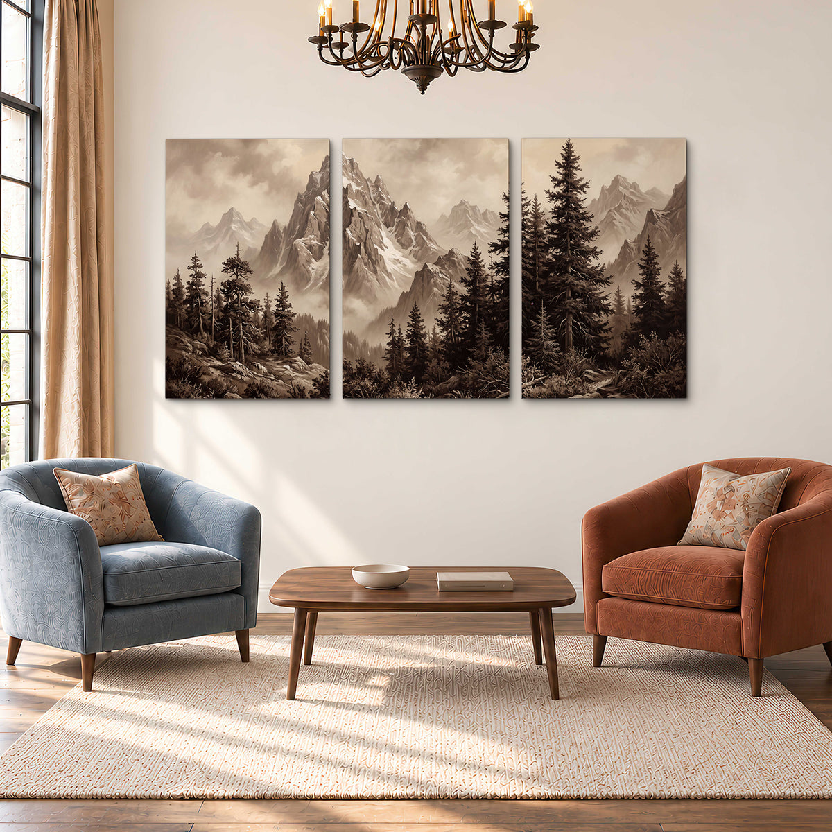 Dramatic mountain peaks framed by evergreen trees 3 piece canvas wall art styled in an interior