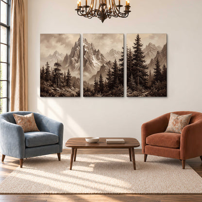Dramatic mountain peaks framed by evergreen trees 3 piece canvas wall art styled in an interior