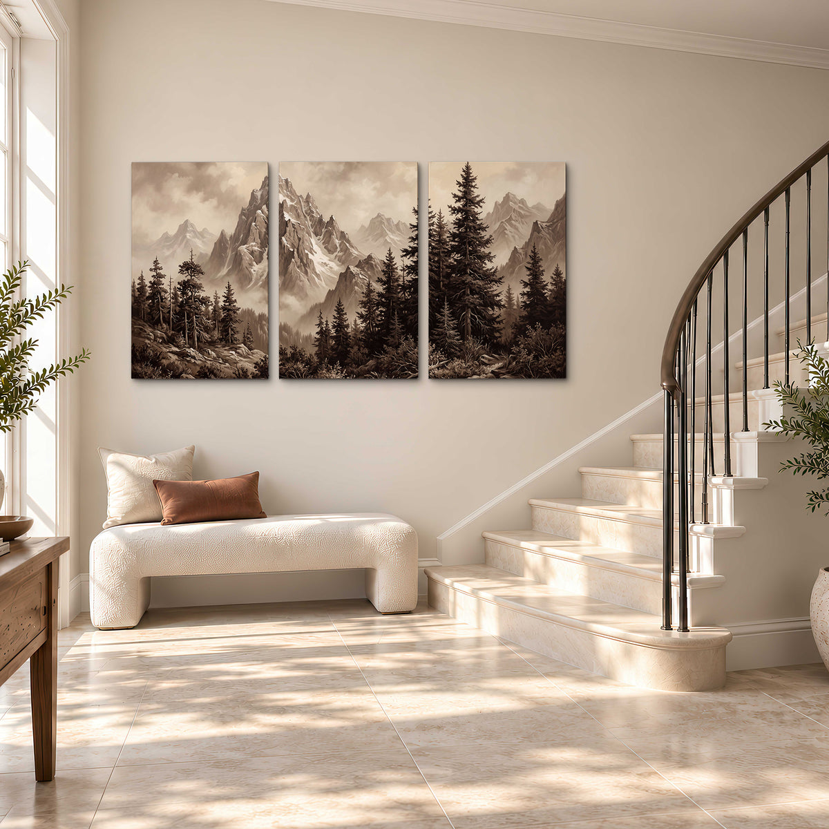 Dramatic mountain peaks framed by evergreen trees 3 piece canvas wall art styled in an interior