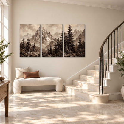 Dramatic mountain peaks framed by evergreen trees 3 piece canvas wall art styled in an interior